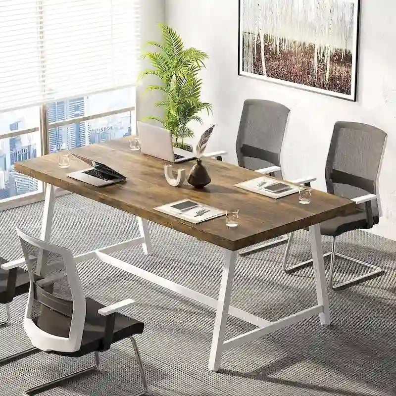 Tavolo riunioni rettangolare marrone / grigio / bianco / naturale, 6 persone, struttura in metallo