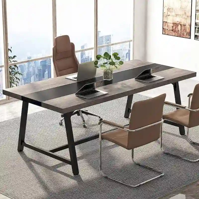 Tavolo riunioni rettangolare marrone / grigio / bianco / naturale, 6 persone, struttura in metallo