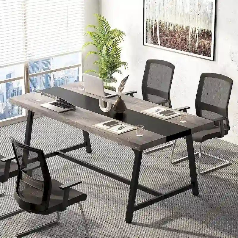 Tavolo riunioni rettangolare marrone / grigio / bianco / naturale, 6 persone, struttura in metallo
