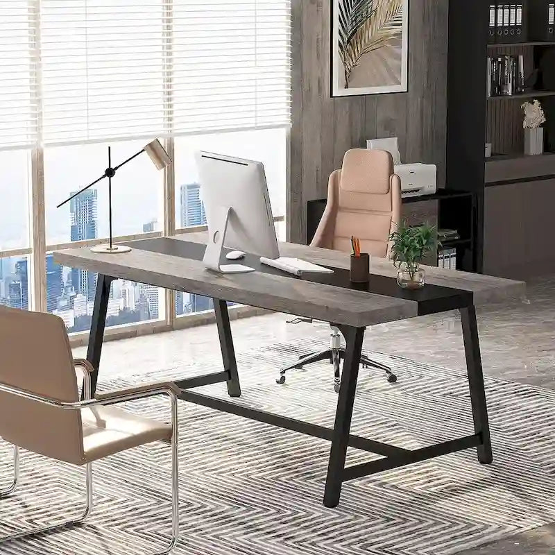 Tavolo riunioni rettangolare marrone / grigio / bianco / naturale, 6 persone, struttura in metallo