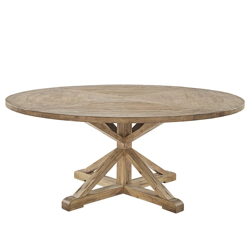 Set da Pranzo Rotondo in Stile Rustico da 7 Pezzi Bianco per 7 Persone (Tavolo + 4 Sedie in Legno + 2 Sedie a Pozzetto)