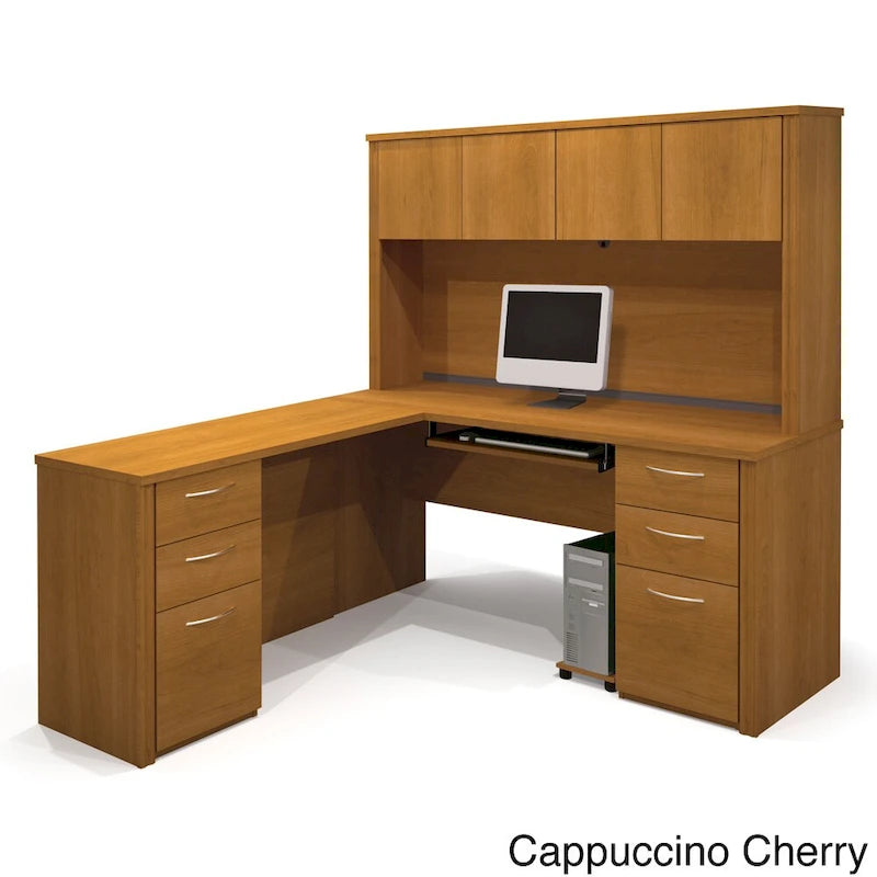 Scrivania a L per 1 persona con cassettiere, colore marrone toscano / ciliegio cappuccino / cioccolato fondente / noce grigio