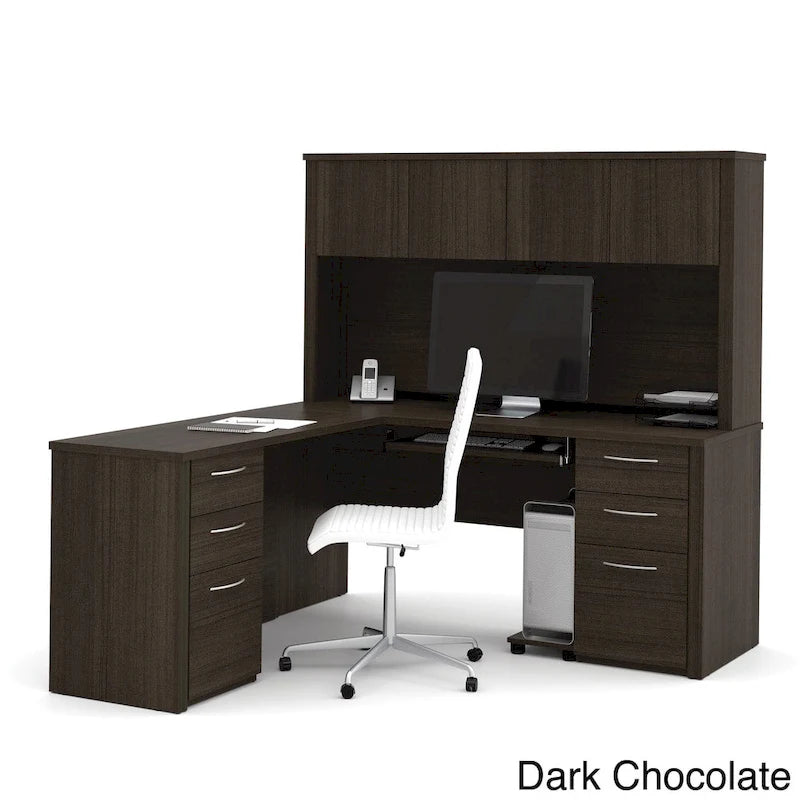 Scrivania a L per 1 persona con cassettiere, colore marrone toscano / ciliegio cappuccino / cioccolato fondente / noce grigio