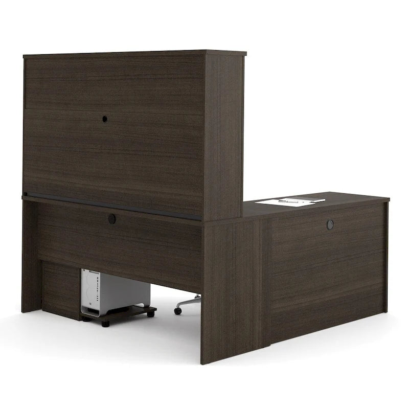 Scrivania a L per 1 persona con cassettiere, colore marrone toscano / ciliegio cappuccino / cioccolato fondente / noce grigio
