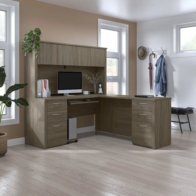 Scrivania a L per 1 persona con cassettiere, colore marrone toscano / ciliegio cappuccino / cioccolato fondente / noce grigio