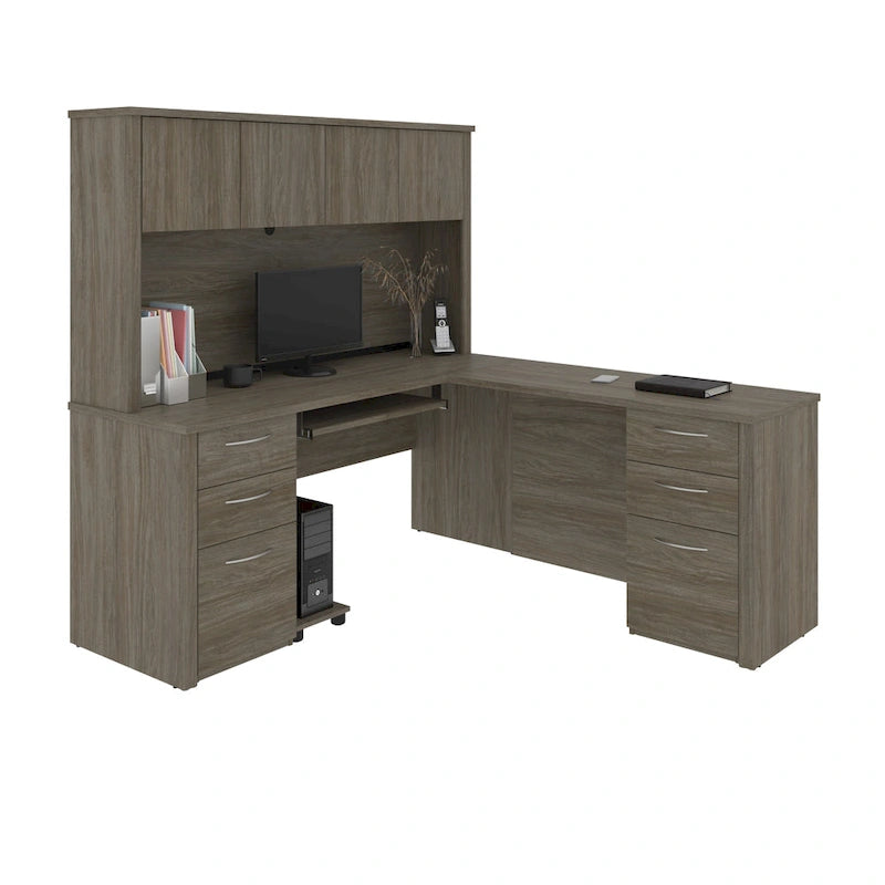 Scrivania a L per 1 persona con cassettiere, colore marrone toscano / ciliegio cappuccino / cioccolato fondente / noce grigio