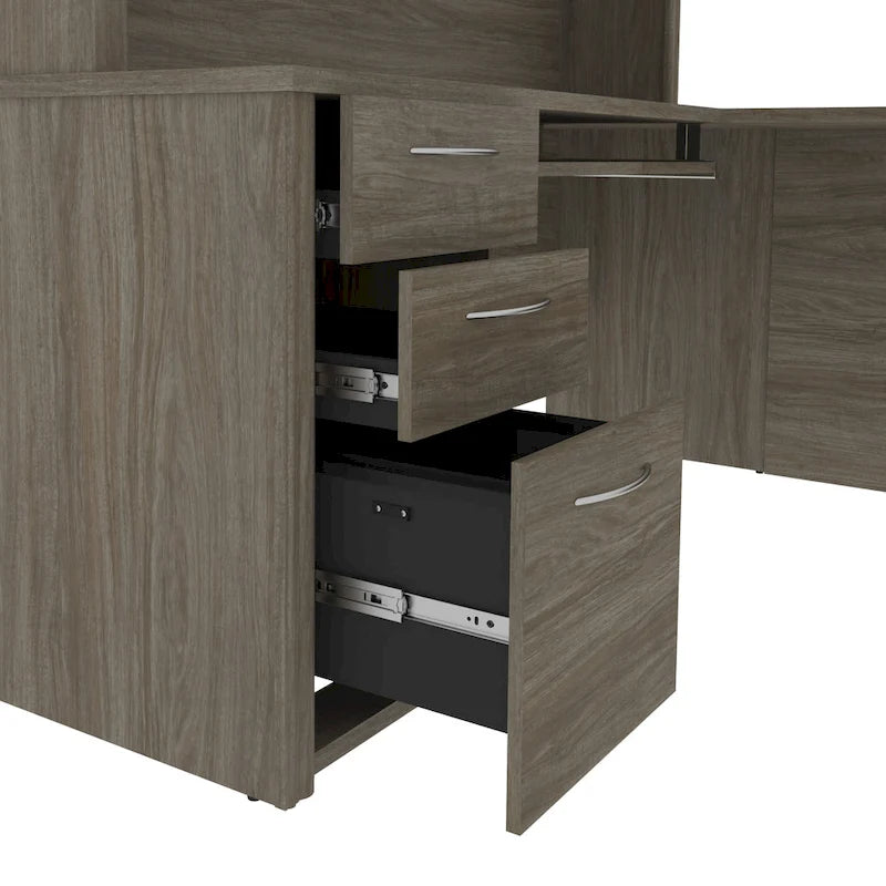 Scrivania a L per 1 persona con cassettiere, colore marrone toscano / ciliegio cappuccino / cioccolato fondente / noce grigio