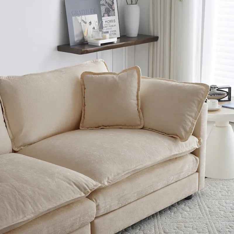 Divano letto a 2+3 posti in ciniglia beige, divano modulare a seduta profonda per 5 persone