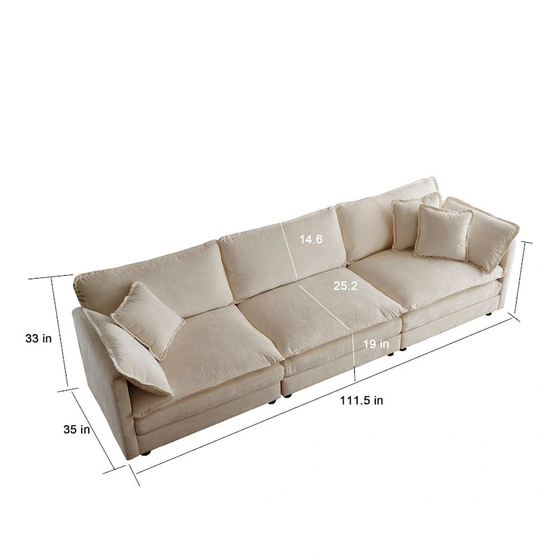 Divano letto a 2+3 posti in ciniglia beige, divano modulare a seduta profonda per 5 persone