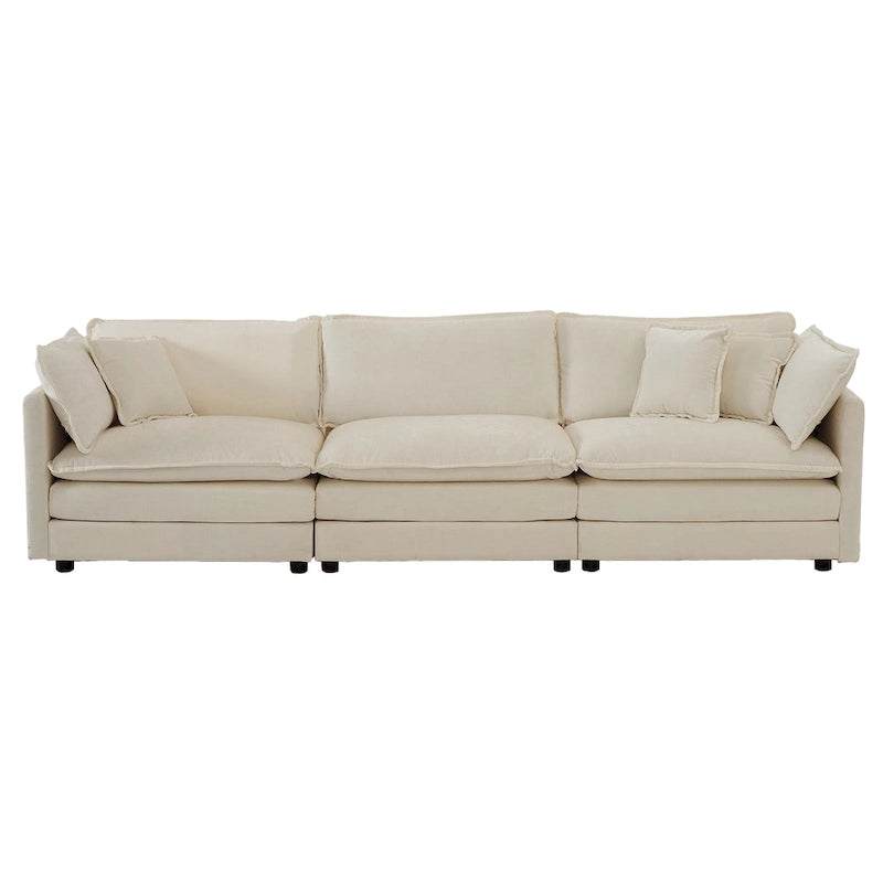 Divano letto a 2+3 posti in ciniglia beige, divano modulare a seduta profonda per 5 persone