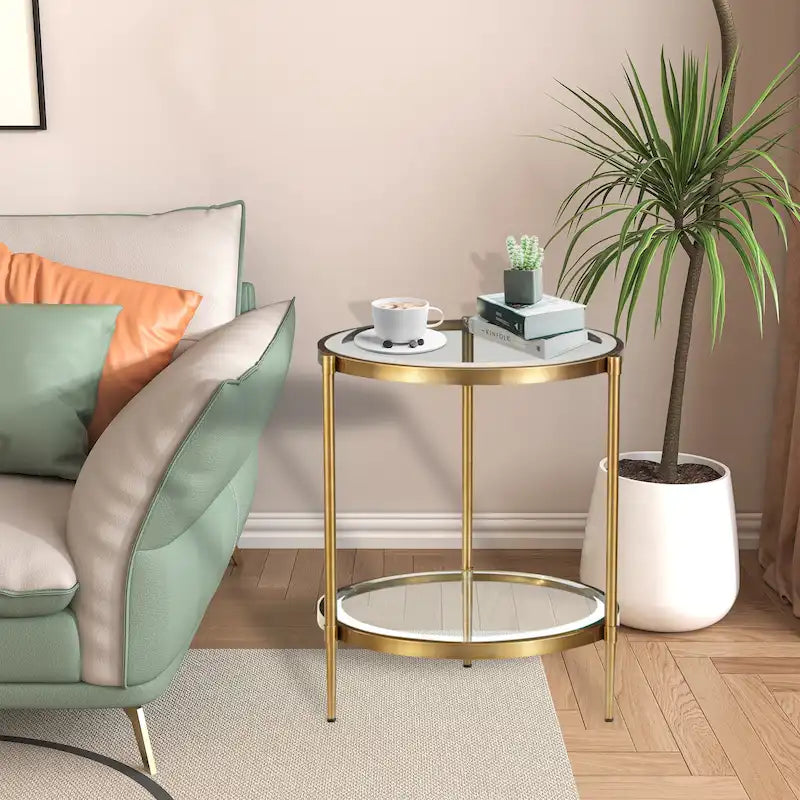 Tavolino rotondo a 2 ripiani in vetro, color oro/nero – 1 persona