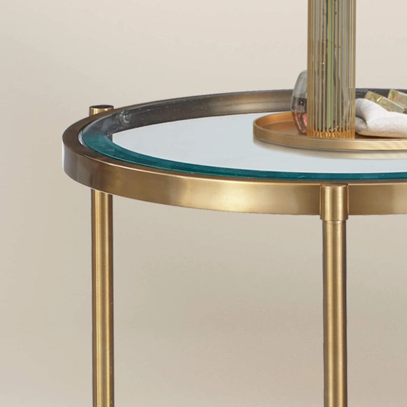 Tavolino rotondo a 2 ripiani in vetro, color oro/nero – 1 persona