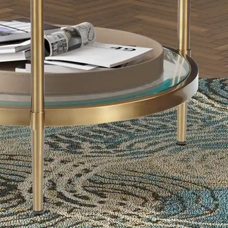 Tavolino rotondo a 2 ripiani in vetro, color oro/nero – 1 persona