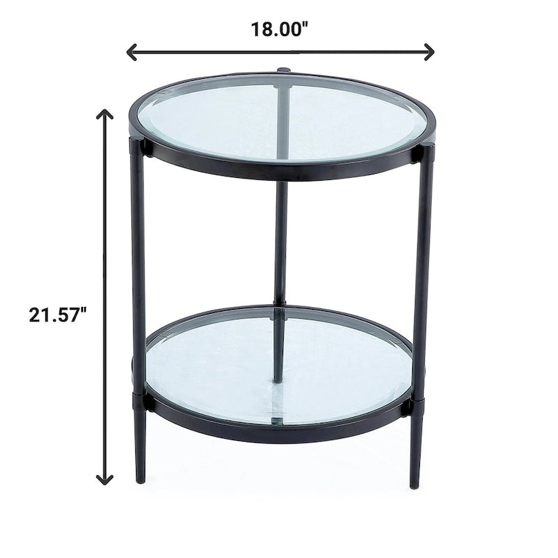 Tavolino rotondo a 2 ripiani in vetro, color oro/nero – 1 persona