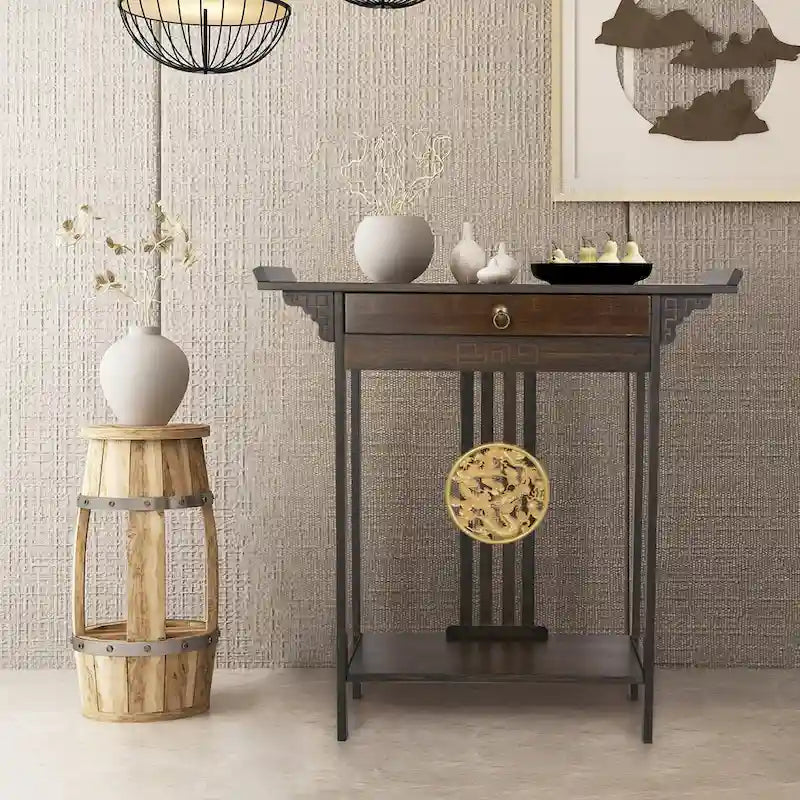 Tavolo Consolle in Bambù Marrone, Stile Classico, per 1 persona, con Cassetto