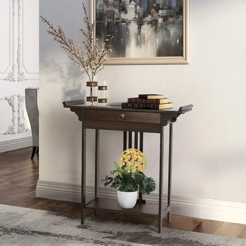 Tavolo Consolle in Bambù Marrone, Stile Classico, per 1 persona, con Cassetto