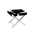 Poggiapiedi in pelle con pelo, bianco e nero, base cromata, 1-2 posti a sedere
