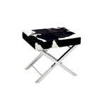 Poggiapiedi in pelle con pelo, bianco e nero, base cromata, 1-2 posti a sedere