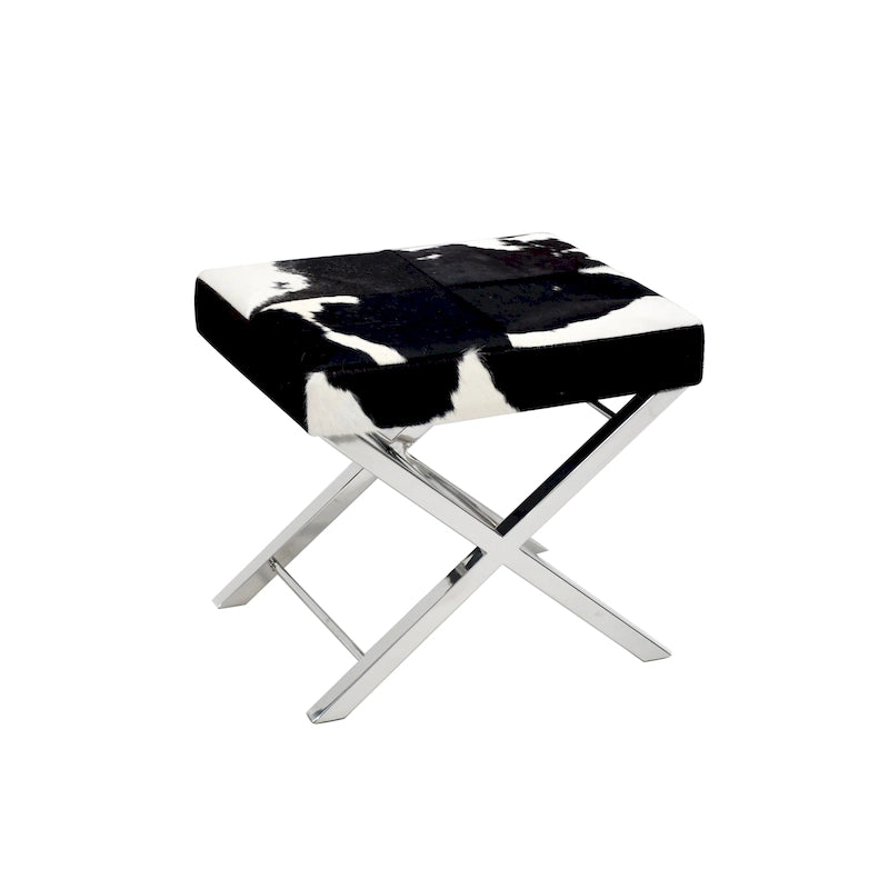 Poggiapiedi in pelle con pelo, bianco e nero, base cromata, 1-2 posti a sedere
