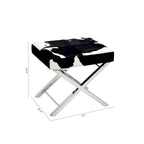 Poggiapiedi in pelle con pelo, bianco e nero, base cromata, 1-2 posti a sedere