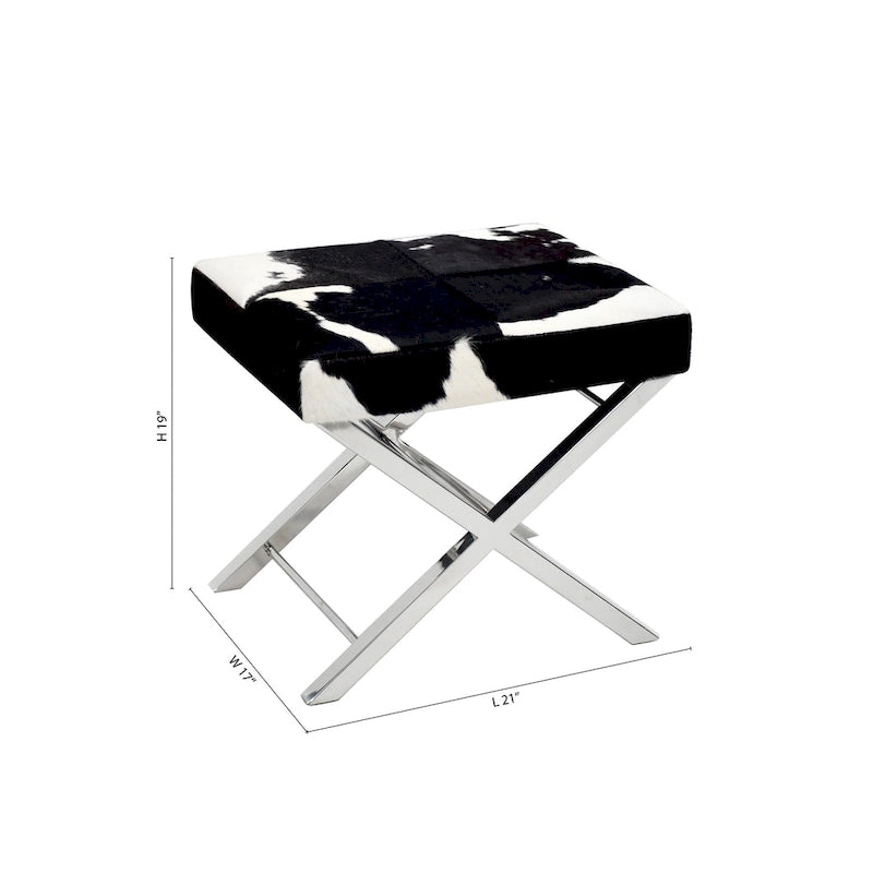 Poggiapiedi in pelle con pelo, bianco e nero, base cromata, 1-2 posti a sedere