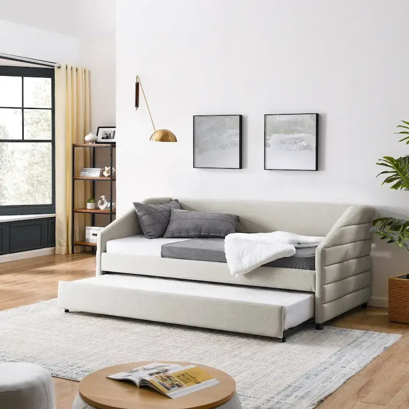 Divano letto imbottito trapuntato beige/grigio con 2 cassetti, una piazza/una piazza e mezza, per 1 persona