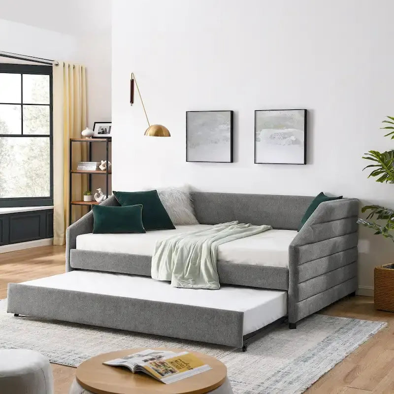 Divano letto imbottito trapuntato beige/grigio con 2 cassetti, una piazza/una piazza e mezza, per 1 persona