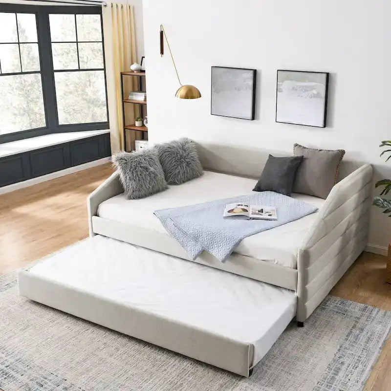 Divano letto imbottito trapuntato beige/grigio con 2 cassetti, una piazza/una piazza e mezza, per 1 persona