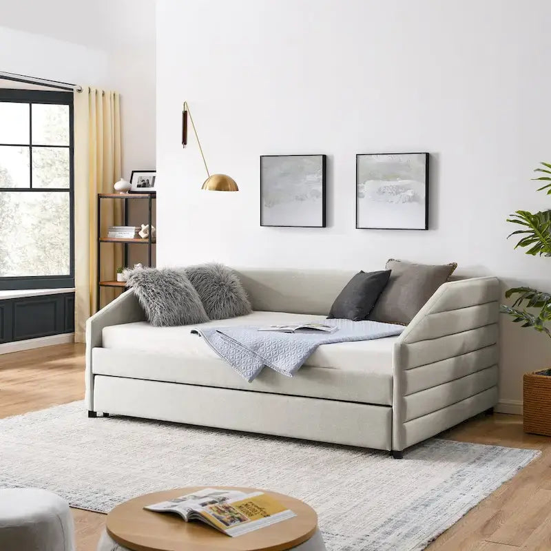 Divano letto imbottito trapuntato beige/grigio con 2 cassetti, una piazza/una piazza e mezza, per 1 persona