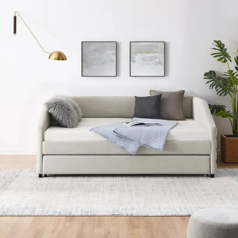 Divano letto imbottito trapuntato beige/grigio con 2 cassetti, una piazza/una piazza e mezza, per 1 persona