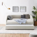 Divano letto imbottito trapuntato beige/grigio con 2 cassetti, una piazza/una piazza e mezza, per 1 persona
