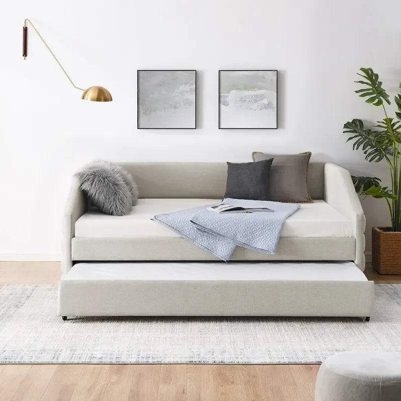 Divano letto imbottito trapuntato beige/grigio con 2 cassetti, una piazza/una piazza e mezza, per 1 persona