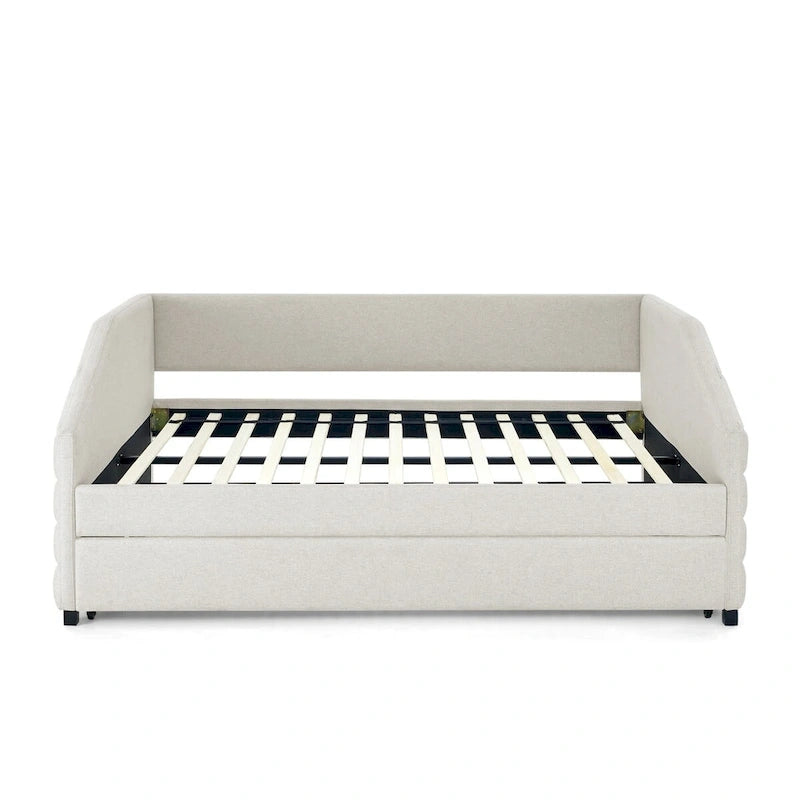Divano letto imbottito trapuntato beige/grigio con 2 cassetti, una piazza/una piazza e mezza, per 1 persona