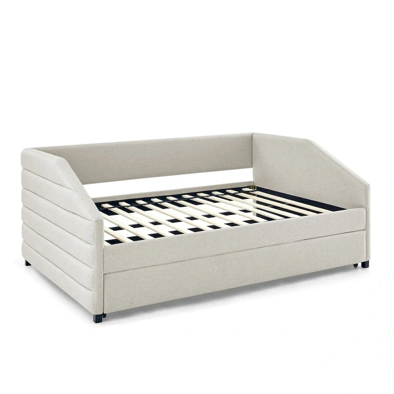 Divano letto imbottito trapuntato beige/grigio con 2 cassetti, una piazza/una piazza e mezza, per 1 persona