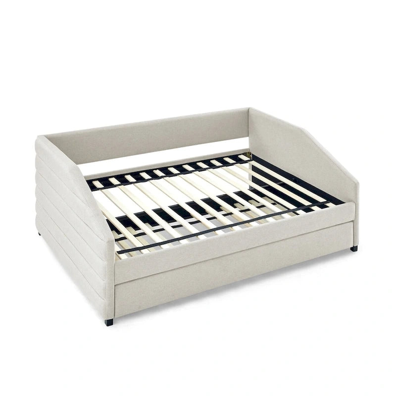 Divano letto imbottito trapuntato beige/grigio con 2 cassetti, una piazza/una piazza e mezza, per 1 persona