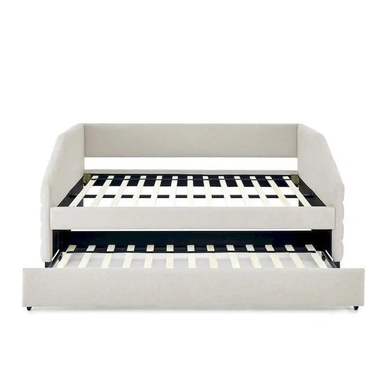 Divano letto imbottito trapuntato beige/grigio con 2 cassetti, una piazza/una piazza e mezza, per 1 persona