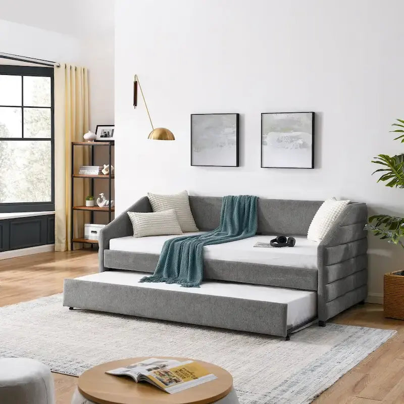 Divano letto imbottito trapuntato beige/grigio con 2 cassetti, una piazza/una piazza e mezza, per 1 persona