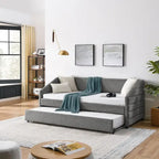 Divano letto imbottito trapuntato beige/grigio con 2 cassetti, una piazza/una piazza e mezza, per 1 persona