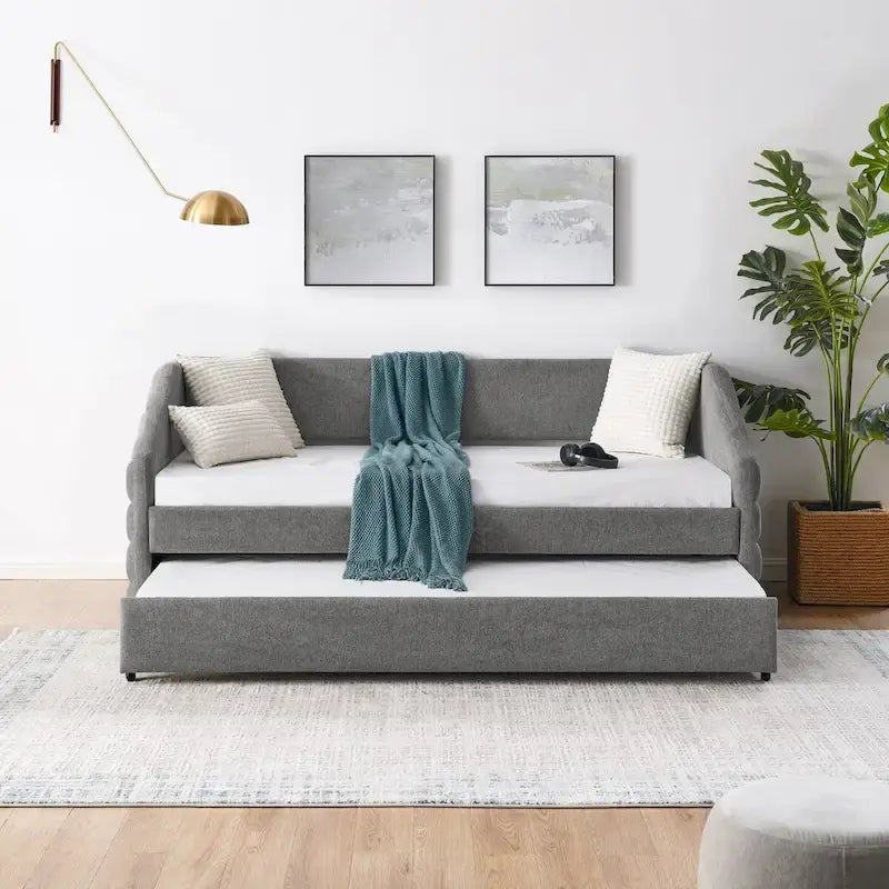 Divano letto imbottito trapuntato beige/grigio con 2 cassetti, una piazza/una piazza e mezza, per 1 persona