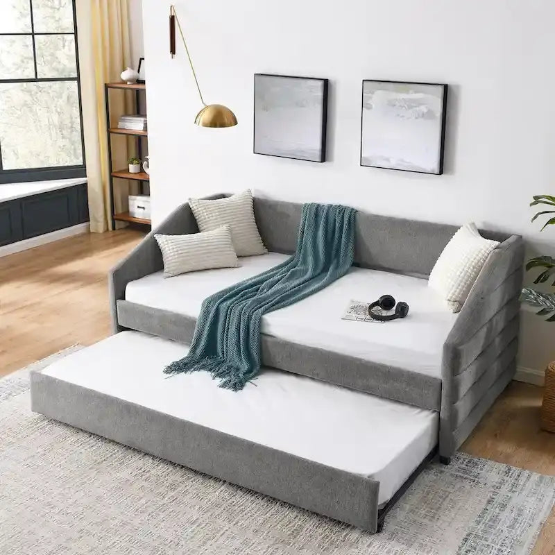 Divano letto imbottito trapuntato beige/grigio con 2 cassetti, una piazza/una piazza e mezza, per 1 persona