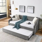 Divano letto imbottito trapuntato beige/grigio con 2 cassetti, una piazza/una piazza e mezza, per 1 persona
