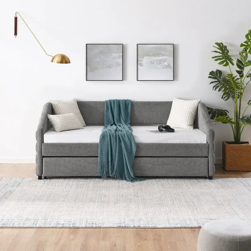 Divano letto imbottito trapuntato beige/grigio con 2 cassetti, una piazza/una piazza e mezza, per 1 persona