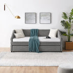 Divano letto imbottito trapuntato beige/grigio con 2 cassetti, una piazza/una piazza e mezza, per 1 persona