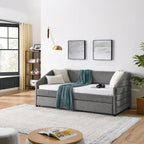 Divano letto imbottito trapuntato beige/grigio con 2 cassetti, una piazza/una piazza e mezza, per 1 persona