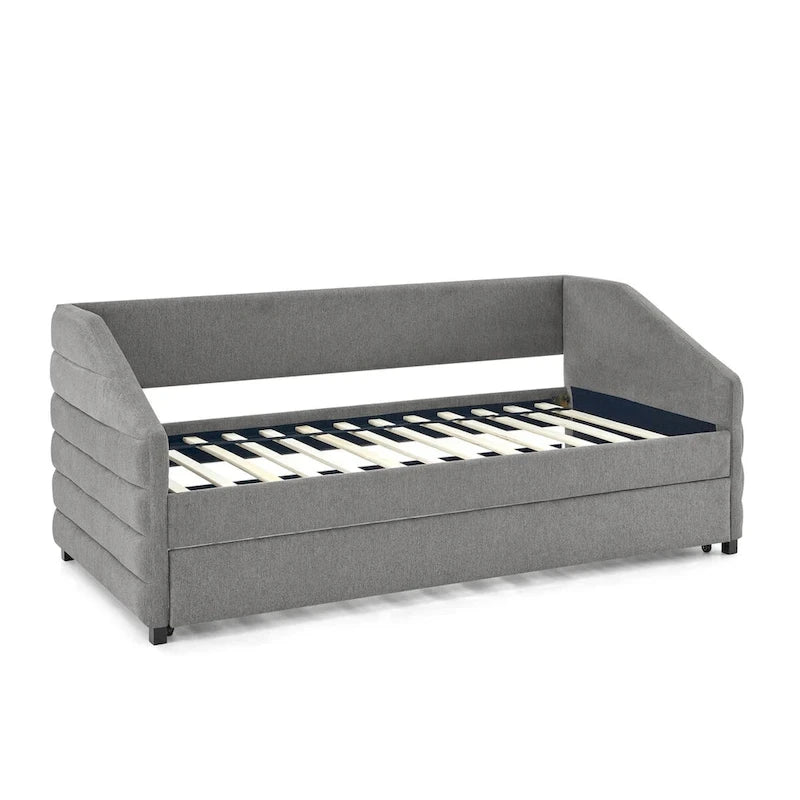 Divano letto imbottito trapuntato beige/grigio con 2 cassetti, una piazza/una piazza e mezza, per 1 persona