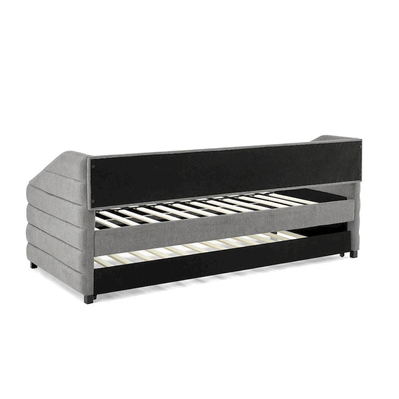 Divano letto imbottito trapuntato beige/grigio con 2 cassetti, una piazza/una piazza e mezza, per 1 persona