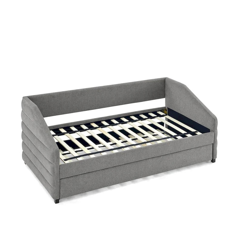 Divano letto imbottito trapuntato beige/grigio con 2 cassetti, una piazza/una piazza e mezza, per 1 persona