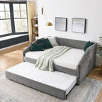Divano letto imbottito trapuntato beige/grigio con 2 cassetti, una piazza/una piazza e mezza, per 1 persona