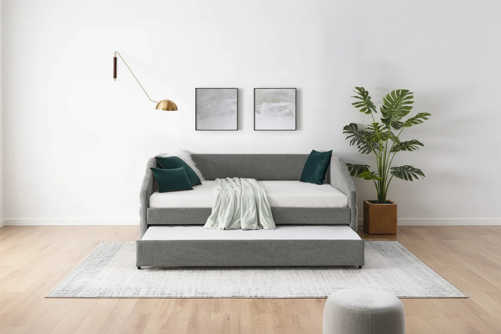 Divano letto imbottito trapuntato beige/grigio con 2 cassetti, una piazza/una piazza e mezza, per 1 persona