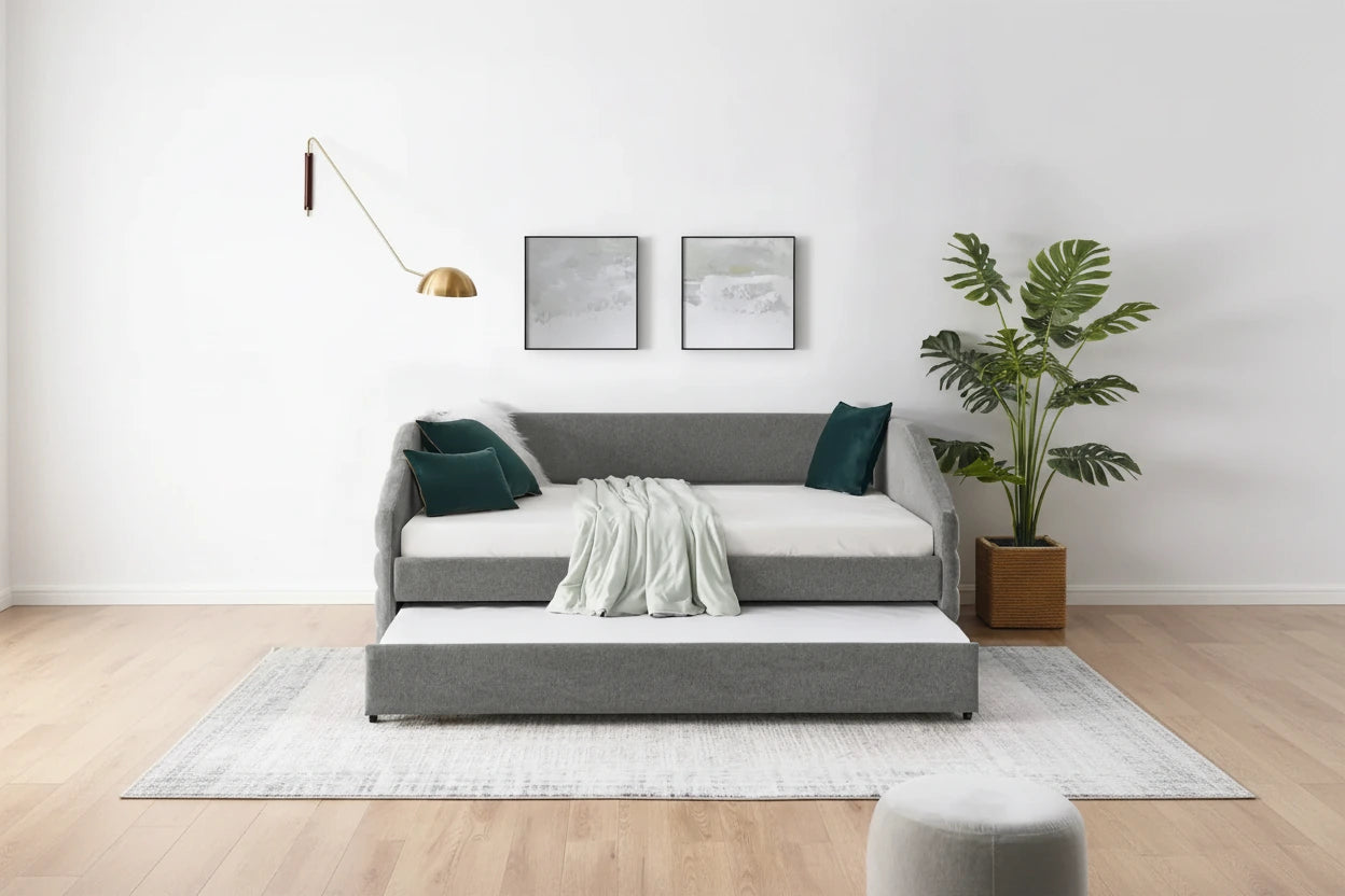 Divano letto imbottito trapuntato beige/grigio con 2 cassetti, una piazza/una piazza e mezza, per 1 persona